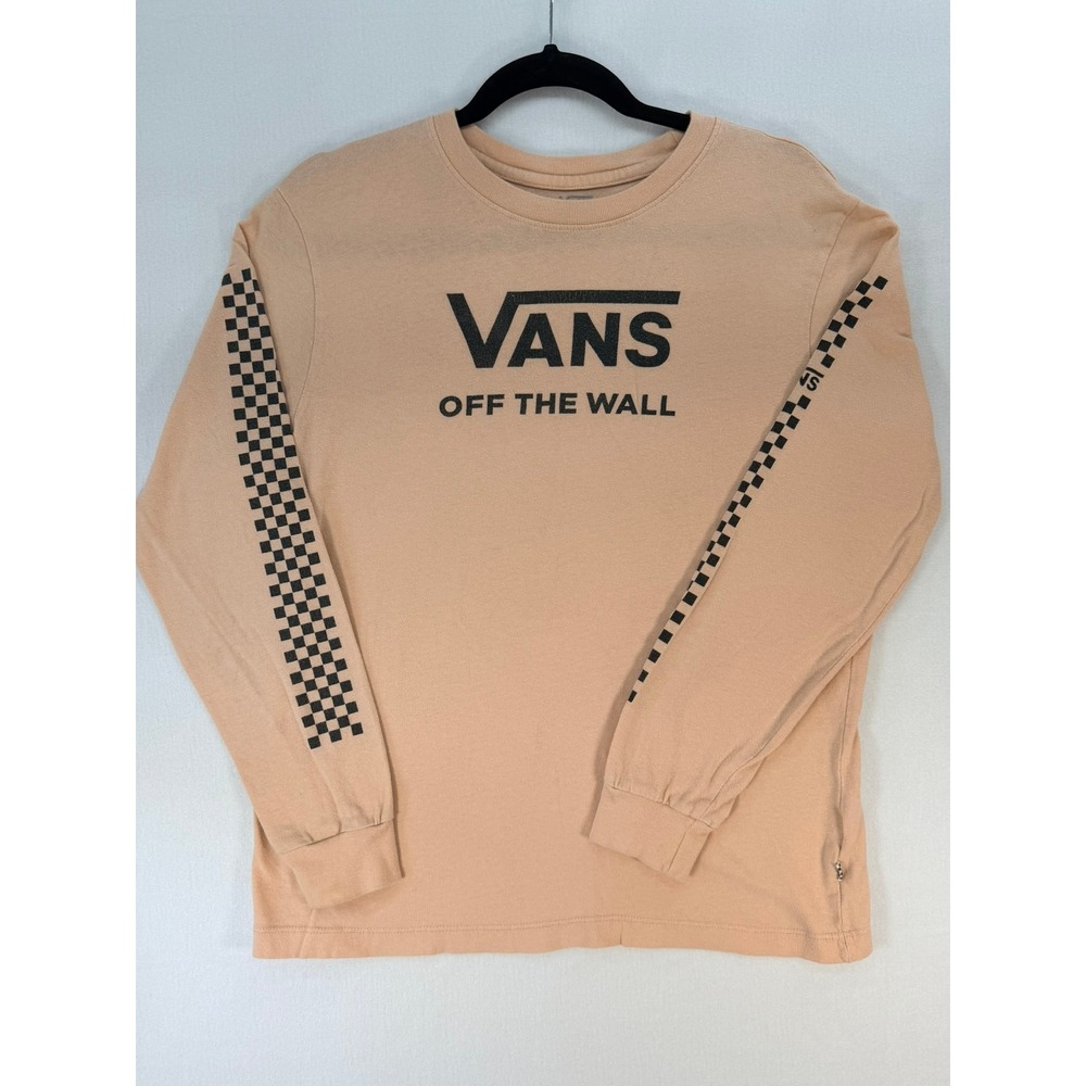 Vans Off The Wall Long Sleeve Graphic Tee Peach Checkerboard Sleeve Mens Medium